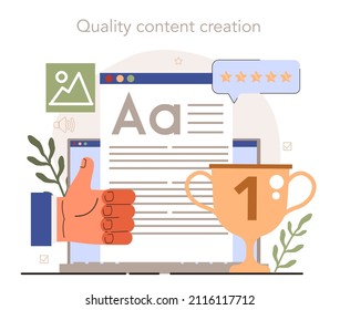 Quality content. Content manager guidance. How to create profitable content. Digital promotion strategy and content production. Flat vector illustration