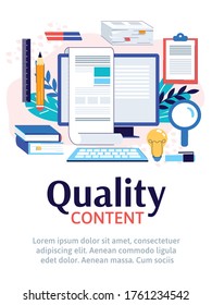 Contenido de calidad para red de medios sociales y plantilla de banner de sitio web con personajes de dibujos animados de personas diminutas, ilustración vectorial plana aislada en fondo blanco.