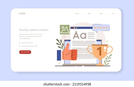 Banner web de contenido de calidad o página de inicio. Guía del gestor de contenido. Cómo crear contenido rentable. Estrategia de promoción digital y producción de contenido. Ilustración vectorial plana