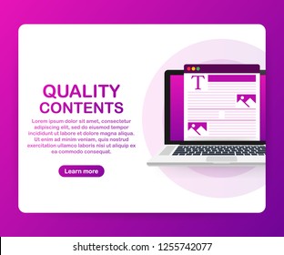 Quality contents. Blogger character. SEO optimization. Content for creative blog post. Vector stock illustration.