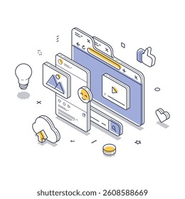 Quality contents concept. Modern isometric design highlighting activities related to digital content sharing. Vector illustration