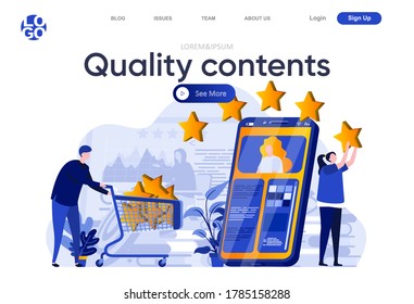 Quality contents flat landing page. Creative team posting and reviewing quality digital content vector illustration. Social media marketing and publication web page composition with people characters.