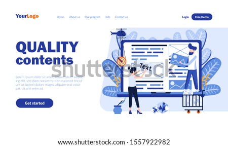Quality contents vector landing page template with header. Online business, social media web banner, homepage design with flat illustrations. Bloggers cartoon characters. Blogging concept