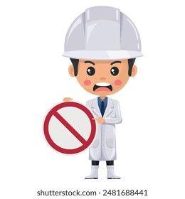 Quality control angry supervisor in food production line holding a forbidden sign. Food industry engineer. Chief food safety engineer. Science, technology and safety in food production and processing