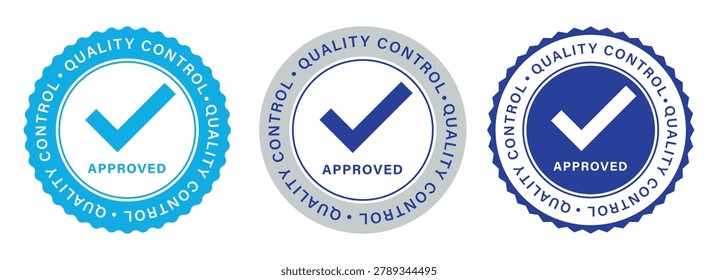 Quality Control Approved Badge Collection with Check Mark Certification Seal and Validation Labels Set