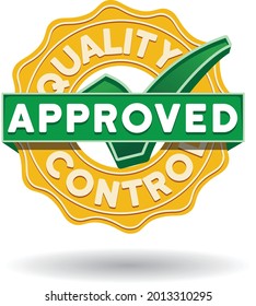 concepto de icono aprobado de control de calidad. texto dentro de la etiqueta y marca de verificación. ilustración vectorial