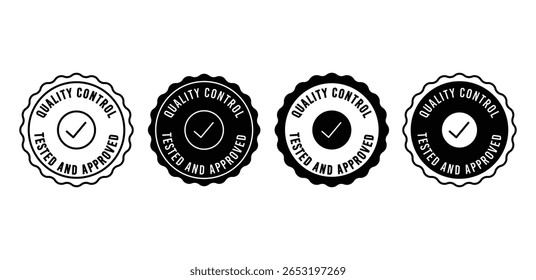 Sellos circulares blancos y negros de los iconos aprobados del control de calidad con el diseño del Vector de las marcas de verificación