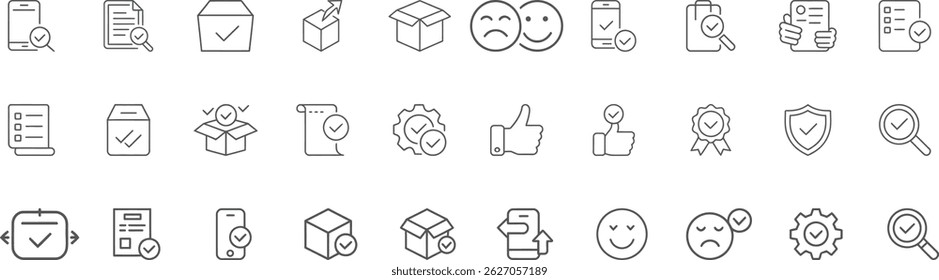 Quality Control and Assurance Vector Icons Set – Editable Line Icons for Inspection, Certification, Verification, Compliance, and Process Validation Concepts