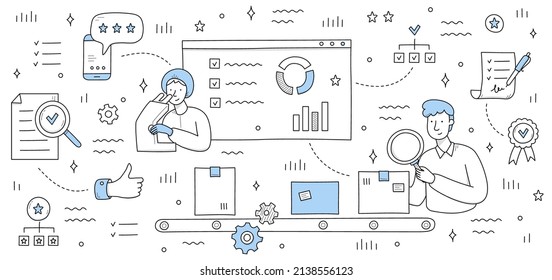 Quality control background with doodle checklist, guarantee badge, people work in lab and do research and verification. Vector hand drawn illustration of quality control check