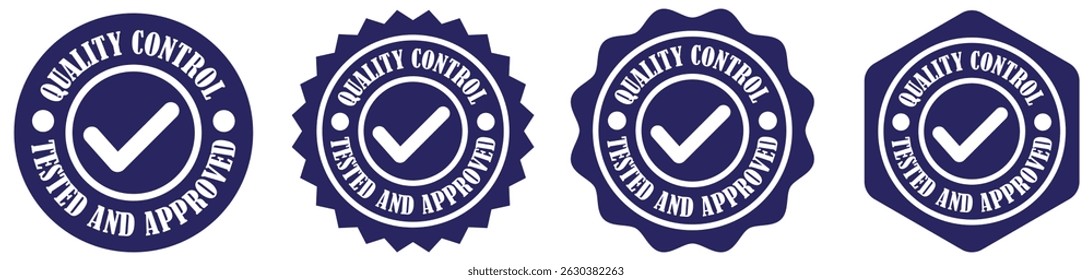 Coleção de crachás de controle de qualidade definida em fundo branco. Carimbo de controlo de qualidade com marca de verificação aprovada. Cartão de aprovação oficial com marca de escala. Carimbo certificado para garantia da qualidade