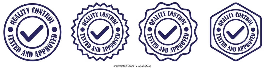Quality Control Badge Icon set with clean seal outlines, bold check marks, approval rings, and clear labels used for marking tested and approved product quality.