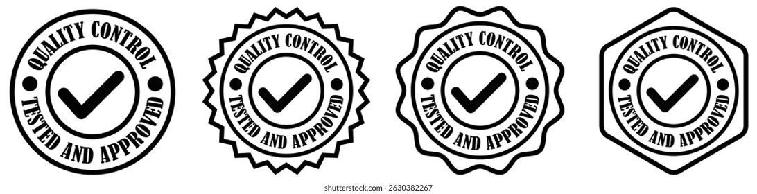 Quality control badge set on white background. Quality control stamp with approved checkmark. Tested and approved badge for inspection. Product quality check seal design. Vector illustration 