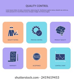 Quality control banner with place for text. Production control, certification and improvement. Vector illustration.