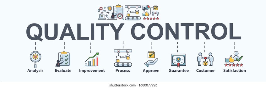 Quality control banner web icon for Business and industry, analysis, quality, guarantee, process, check, approve, customer and satisfaction. Minimal vector cartoon infographic.