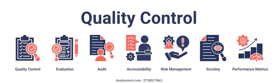 Controle de qualidade banner web icon vetor ilustração conceito para a educação com ícone de Controle de qualidade, Avaliação, Auditoria, Responsabilidade, Gerenciamento de riscos, Escrutínio, Desempenho.
