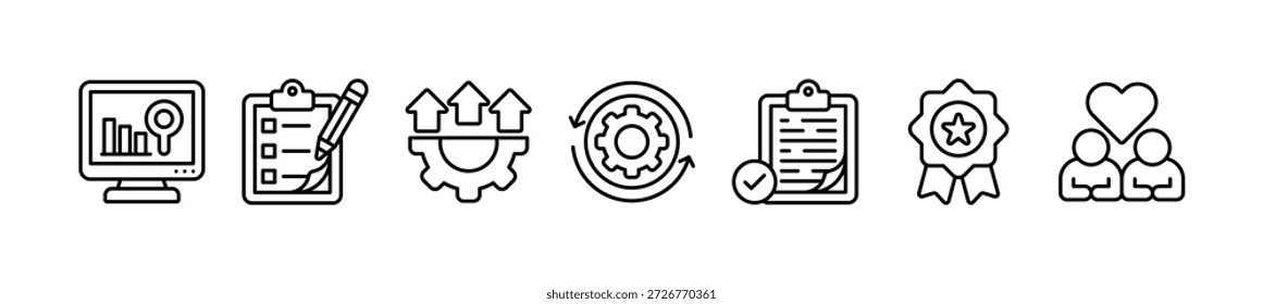 Qualitätskontrolle Banner Web-Symbol Vektorgrafik-Konzept für Produkt- und Service-Qualitätsprüfung mit einem Symbol für Analyse, Bewertung, Verbesserung, Prozess, Genehmigung, Ergebnis und Kunde
