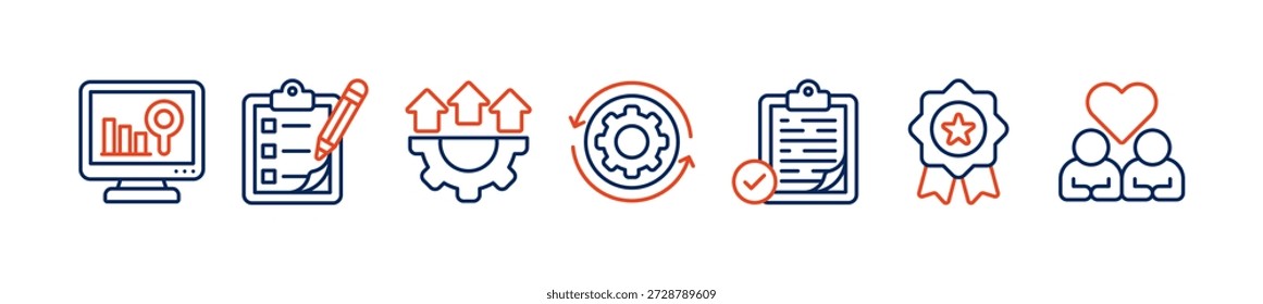 Concepto de Ilustración vectorial del icono del Web del Anuncio del control de calidad para la inspección de la calidad del producto y del servicio con un icono del análisis, de la evaluación, de mejorar, del proceso, de la Aprobación, del resultado, y del Cliente
