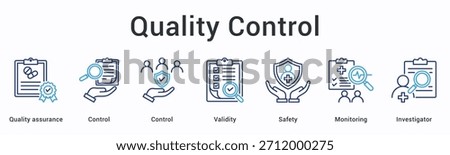 Quality control banner web icon maintains validity and safety through monitoring with investigator oversight and standards.