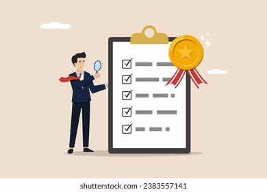 Quality control or certified approval, company policy, guarantee checklist document concept, businessman holding magnifying glass with standard QC badge document.