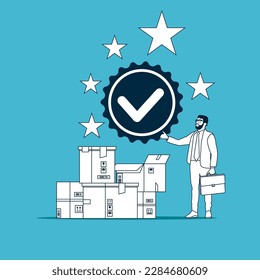 Quality Control to check quality and giving certified. Flat vector illustration