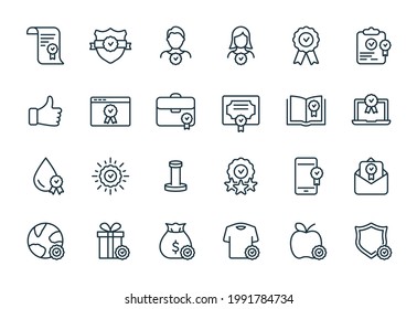 Quality Control And Check Mark Linear Icons Set. Food, Clothes, Water Certification Procedure, Inspection, Certification, Approval, Confirmation Icons. Editable Stroke. Vector Illustration.