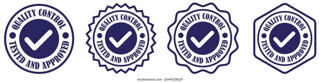 Quality control circular badge set on white background. Quality control badge label design. Certified tested approved icon stamp. Quality check icon in round shape. Vector illustration