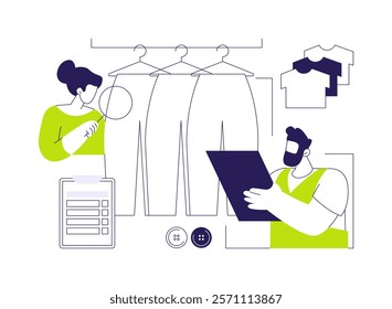 Quality control in clothing industry abstract concept vector illustration. Group of factory workers testing clothing quality, garment manufacturing, inspector occupation abstract metaphor.