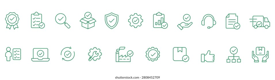 Quality control collation icon set.representing inspection, standards, testing, assurance, compliance, checklist, verification,and product quality management . Editable Stroke line vector illustration..