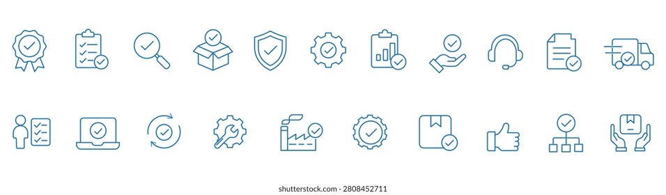 Quality control collation icon set.representing inspection, standards, testing, assurance, compliance, checklist, verification,and product quality management . Editable Stroke line vector illustration..