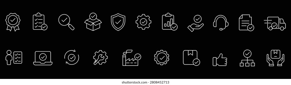 Quality control collation icon set.representing inspection, standards, testing, assurance, compliance, checklist, verification,and product quality management . Editable Stroke line vector illustration..