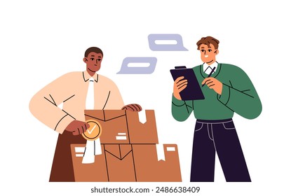 Quality control concept. Assurance of certified products. Checking of goods before delivery. Approving of safety certificate of cargo in boxes. Flat isolated vector illustration on white background