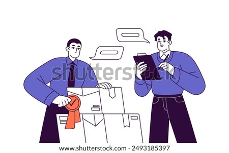 Quality control concept. Assurance of certified products. Person checks, inspects boxes before delivery. Approving safety of goods with certificate. Flat isolated outline vector illustration on white