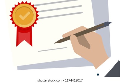 Quality Control Concept. Quality Controlling Industrial Design. Checking company product by sign document businessman hand with pen put signature