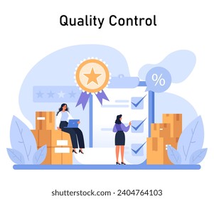 Quality Control concept. A dedicated team ensures product excellence, showcasing meticulous inspection and standards compliance with badges of certification. Flat vector illustration