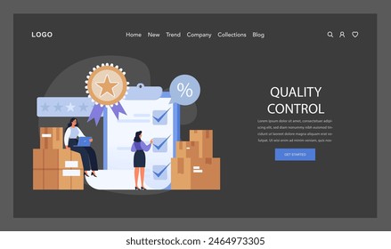 Quality Control concept. A dedicated team ensures product excellence, showcasing meticulous inspection and standards compliance with badges of certification. Flat vector illustration