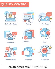 Quality control concept icons, thin line color set, flat design