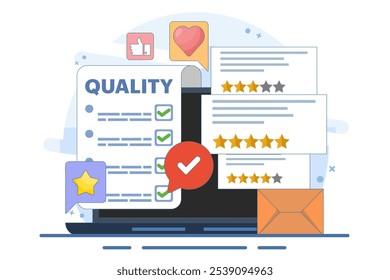 Quality control concept implementing quality control process. quality control or approval, assurance checklist document, assurance concept, company policy or compliance. flat vector illustration.