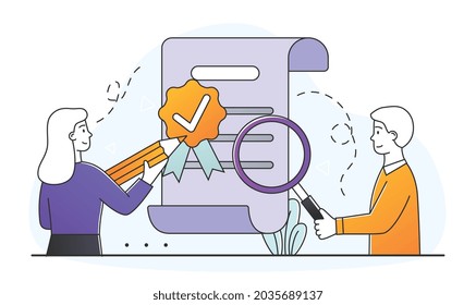 Concepto de control de calidad. El hombre y la mujer evalúan el cumplimiento de las normas establecidas por los productos. Los empleados revisan los bienes. Dibujo vectorial plano del doodle de dibujos animados aislado en fondo blanco