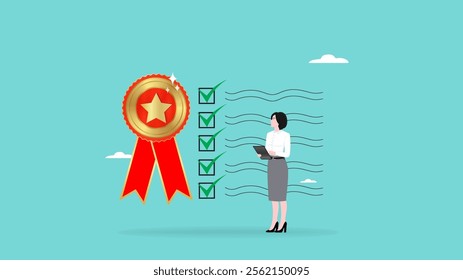 quality control concept vector illustration, businesswoman check product quality with set standard and quality icon. quality control or certified approval. product safety. guarantee checklist document