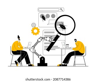 The Quality control department is looking for errors in the mobile application. Vector illustration on the topic of mobile development and testing.