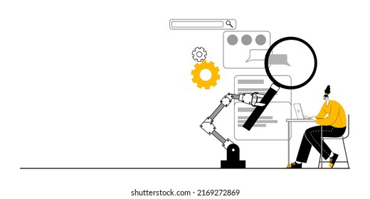 The Quality control department is looking for errors in the mobile application. Vector illustration on the topic of mobile development and testing. Horizontal banner template.