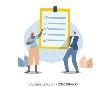 Quality control or document compliance. Confirm the business plan checklist with a checkmark. Inspection, Survey, Woman and Businessman holding documents on large clipboard.
Vector design.