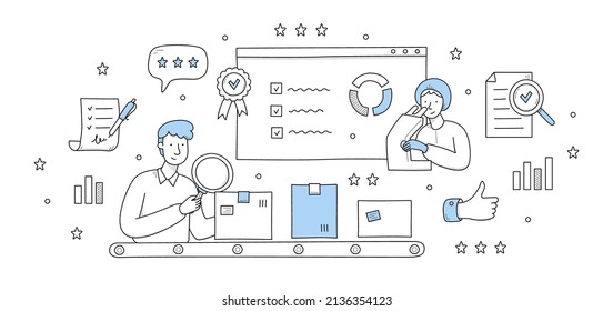 Quality control doodle concept. Product manufacturing and safety inspectors testing production. Customer feedback, inspection, warranty certificate abstract metaphor, Line art vector illustration