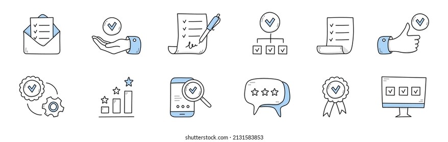 Quality control doodle icons envelope with check list, hand with tick, document with pen and inscription, thumb up gesture, gear, stars and column chart, smartphone, medal Line art vector illustration