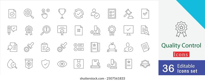 Quality Control editable line stroke icon style. containing testing, verification, validation, process control, quality management, defect detection and more icon collection 