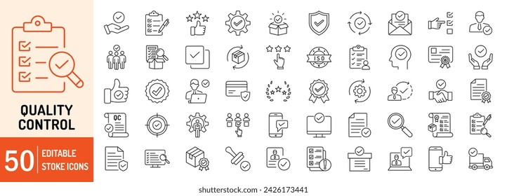 Quality Control editable stroke outline icons set. Check, mark, quality control, checklist, analysis, business, feedback and inspect. Vector illustration