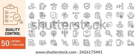 Quality Control editable stroke outline icons set. Check, mark, quality control, checklist, analysis, business, feedback and inspect. Vector illustration