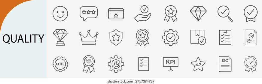 Icono de la línea del control de calidad y de la excelencia fijado, servicio de primera calidad y símbolos de la certificación, Ilustración vectorial plana