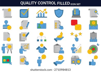 Controle de qualidade conjunto de ícones preenchidos com checklists, marcas de aprovação, relatórios, classificações, análise, verificação e símbolos de fluxo de trabalho. Ideal para controle de qualidade, gerenciamento, negócios e melhoria de processos.
