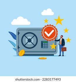 Quality Control and giving certified. The best bank safe. Concept of invest, banking, deposited, pension. Modern vector illustration in flat style 
